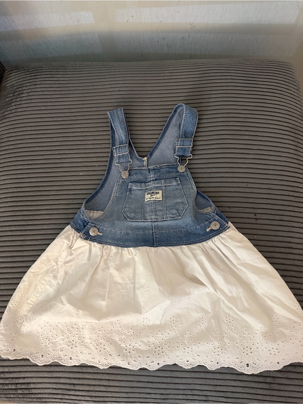 OshKosh B'gosh Denim Blue and White Eyelet Overall Dress